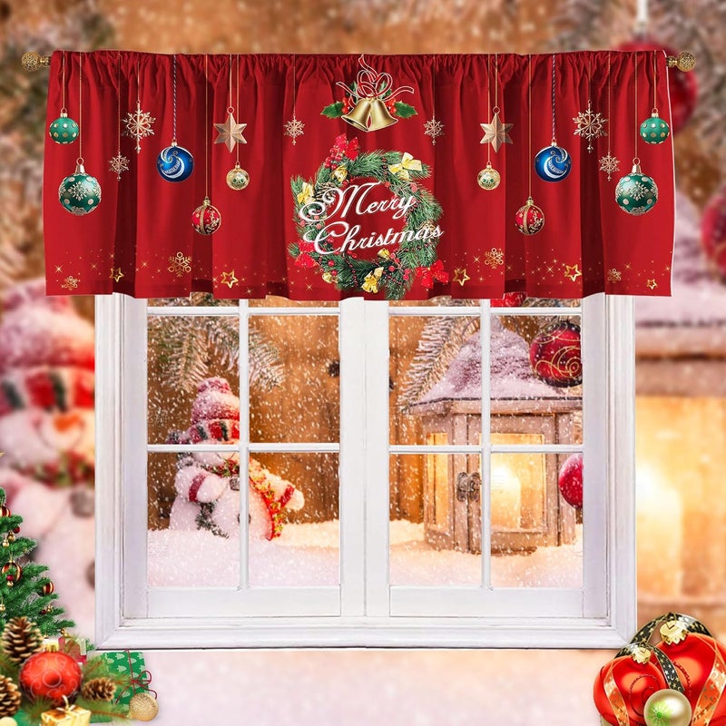 SUNWISHA Christmas Wreath Curtains Valance for Kitchen Window Decor 52 x 18 Inch Red - Image 1